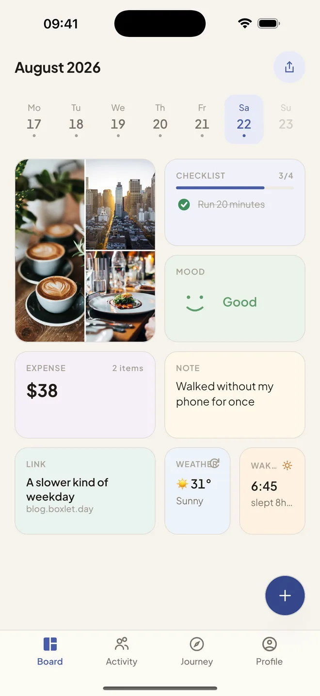 A Boxlet board for one day: a photo card, checklist, mood, expense, note, link and weather laid out on a grid