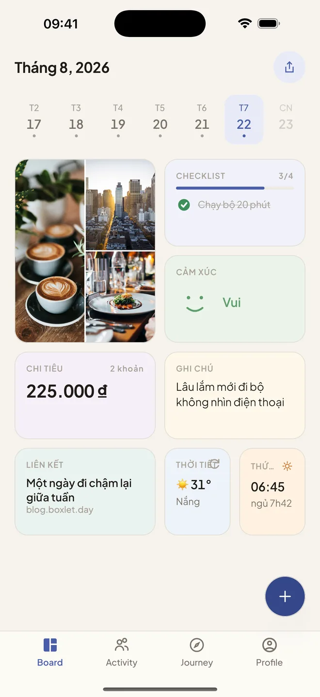 Board một ngày trong Boxlet: thẻ ảnh, checklist, cảm xúc, chi tiêu, ghi chú, liên kết và thời tiết xếp trên lưới