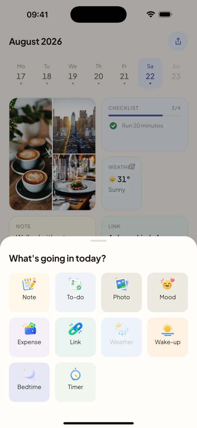 The card picker sheet showing the card types: note, to-do, photo, mood, expense, link, weather, wake-up, bedtime, timer