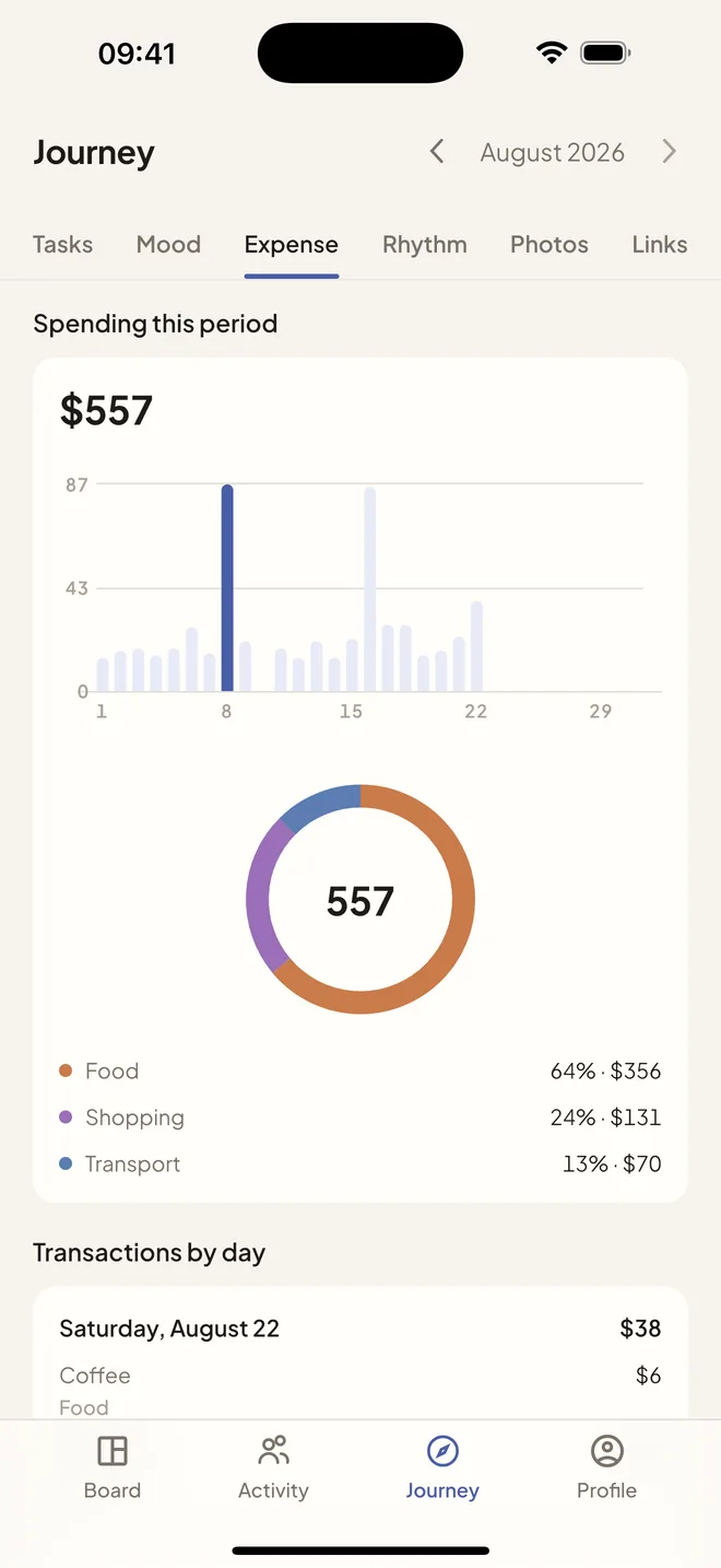 Journey tab showing spending for the month with a daily chart and a category donut