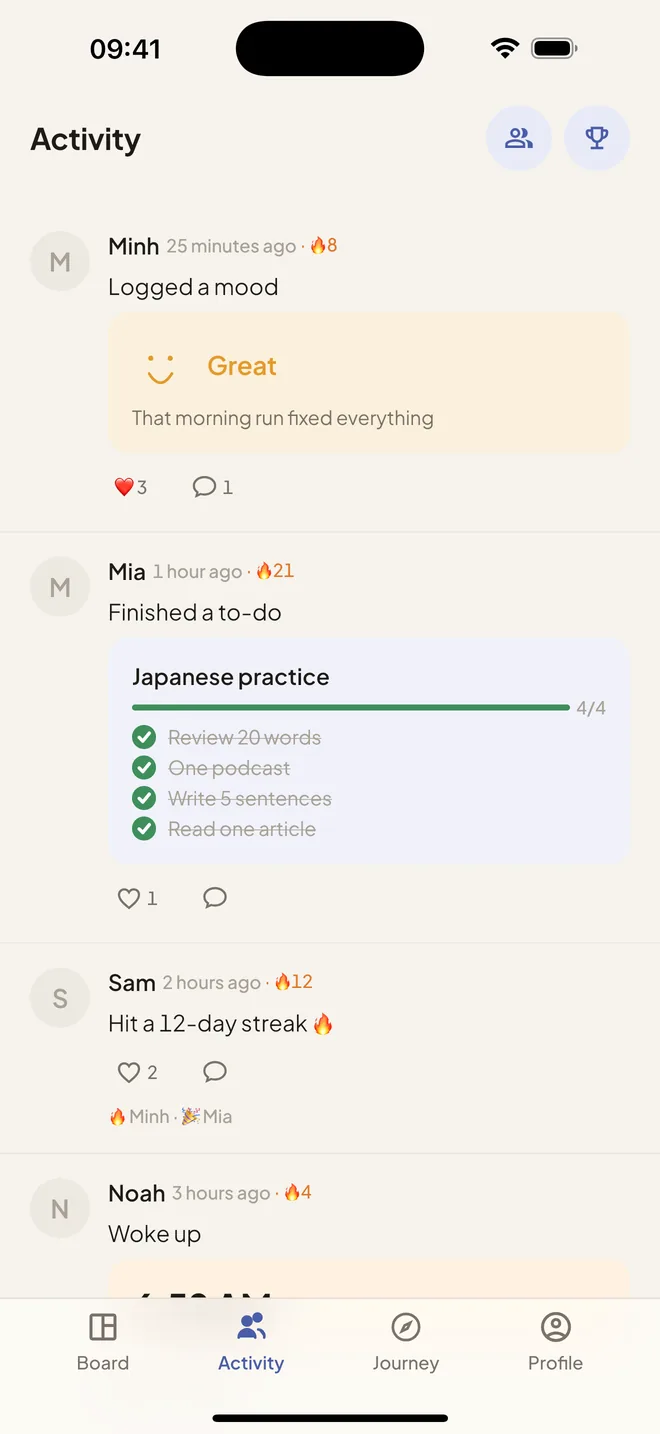 Activity feed with a few friends' posts: a mood, a finished to-do list, a streak