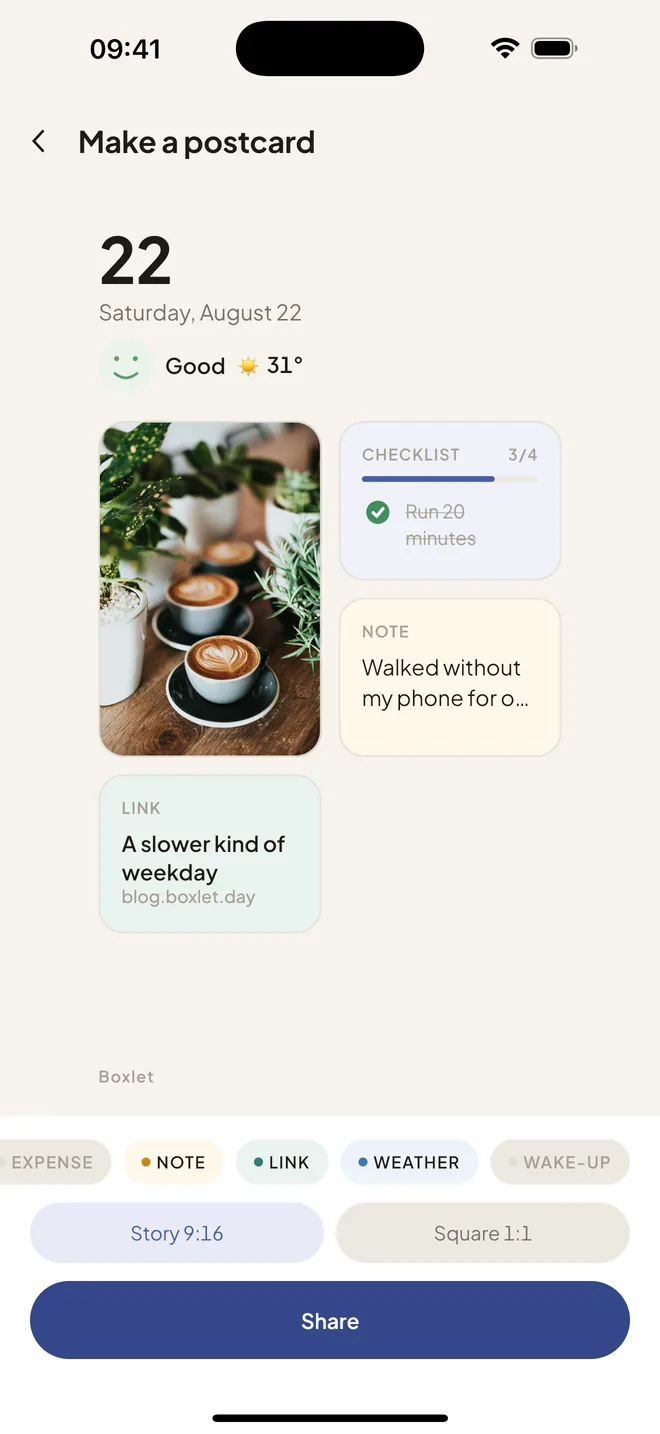 The postcard maker rendering a day's board as a shareable image