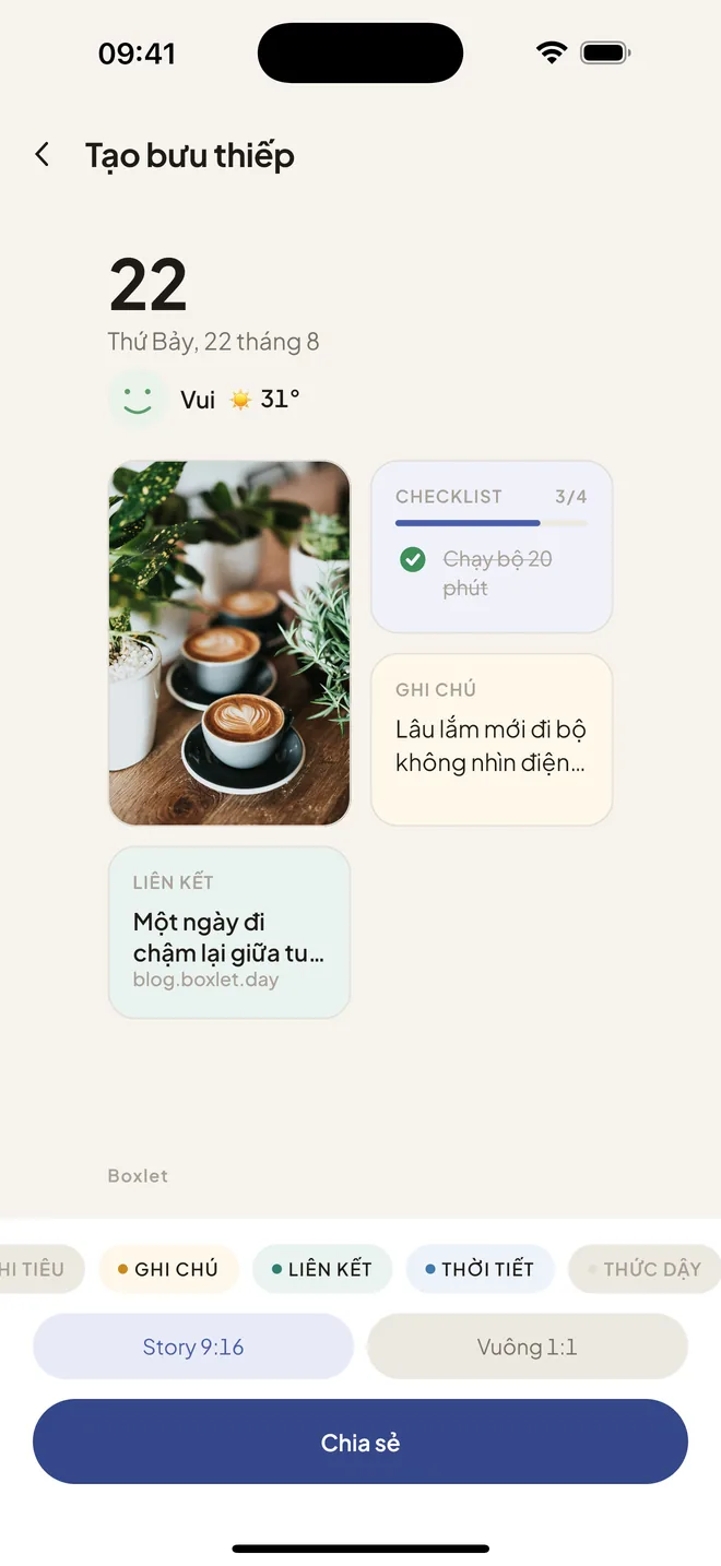 Màn tạo bưu thiếp đang dựng board của một ngày thành ảnh để chia sẻ